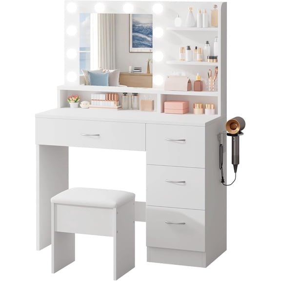 35.4" White Makeup Vanity Set with HD Mirror & 10 LED Bulbs, Dressing Table with Charging Station, 4 Drawers, Hairdryer Rack & Cushion Stool for Bedroom