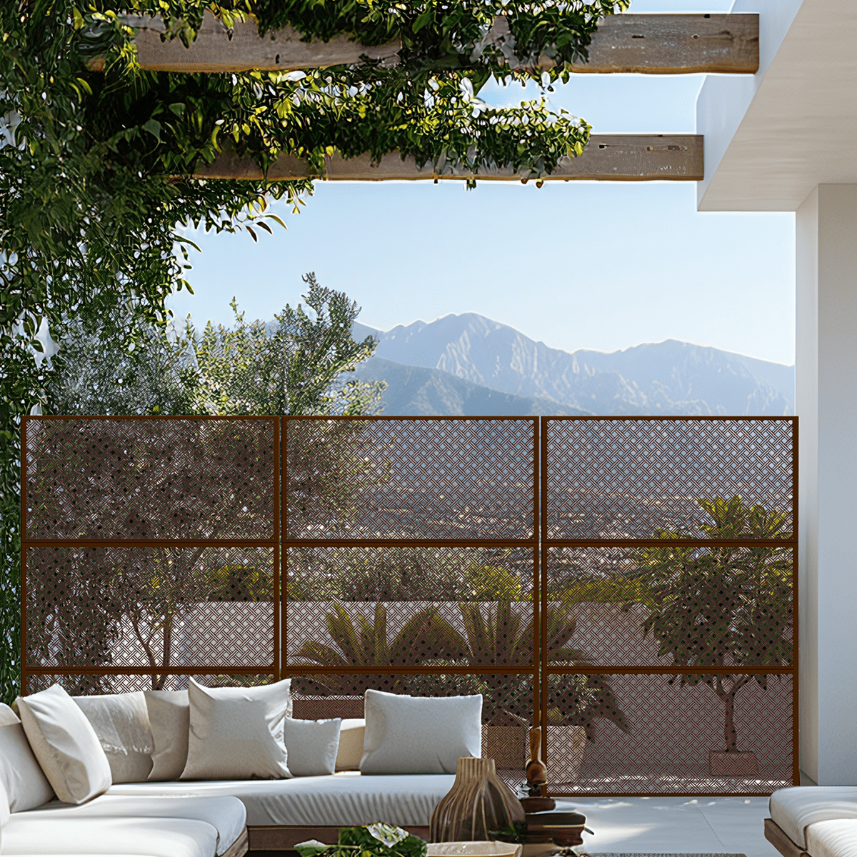 MAYEERTY 72"x47"x16" Outdoor Privacy Screen with Stand Metal Balcony Decorative Screen,Brown