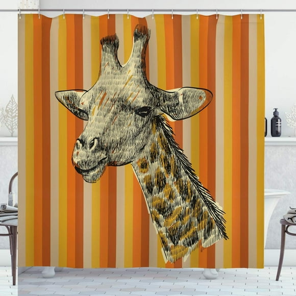 Savannah Hipster Giraffe Shower Curtain - Sketch Style Wildlife Portrait, Cream Apricot Earth Yellow, 69 W x 84 L, Cloth Fabric Bathroom Decor Set with Hooks