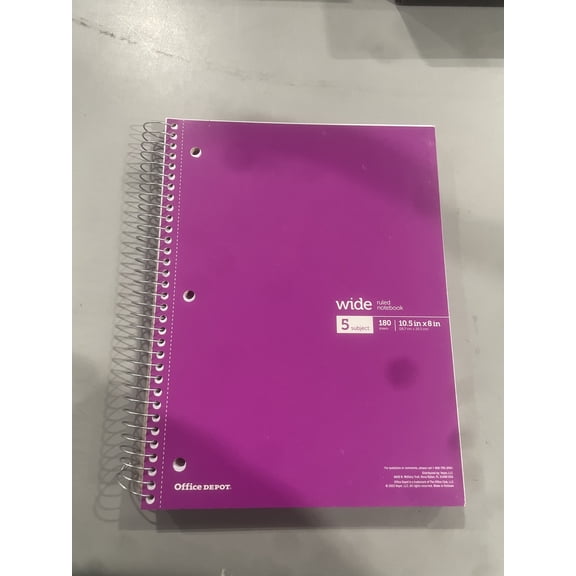 Open Box OFFICE DEPOT WIREBOUND NOTEBOOK 8" X 10-1/2", 5 SUBJECTS 180 SHEETS - PURPLE