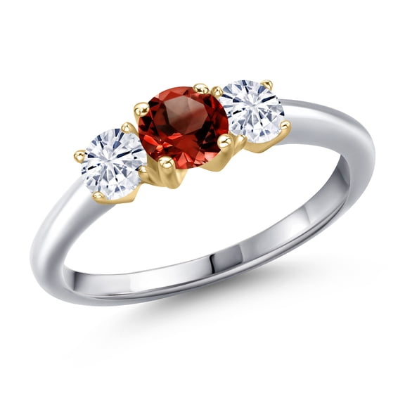 Gem Stone King 925 Silver and 10K Yellow Gold Red Garnet and White Moissanite Engagement Ring for Women | 1.01 Cttw | Round 5MM | Gemstone January Birthstone | Size 8