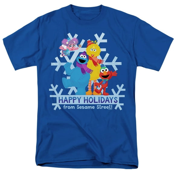 Sesame Street Happy Holidays Elmo, Cookie Monster, Abby Unisex Adult T Shirt, Royal, 3X-Large