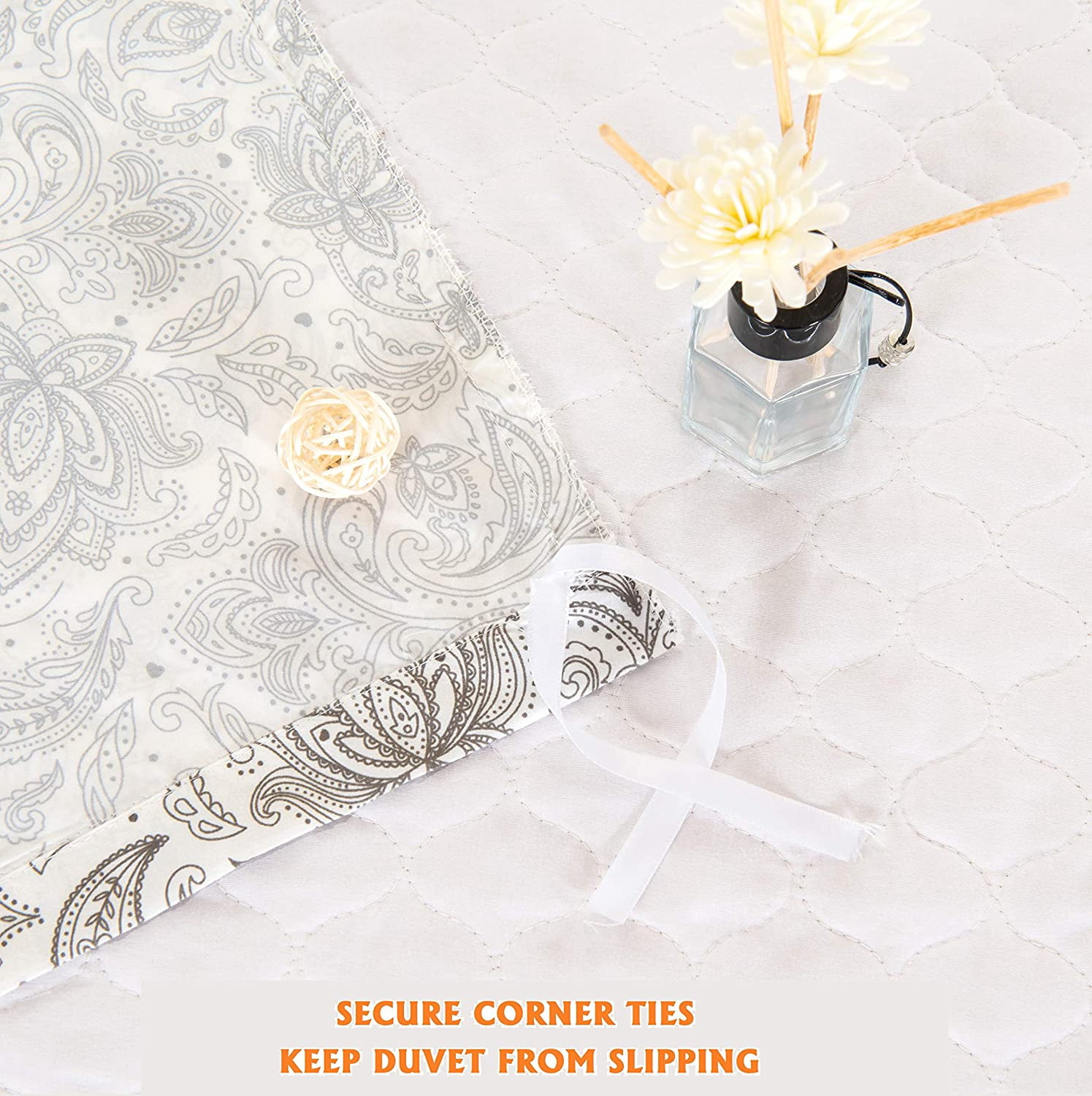 Mocassi 3-Piece Duvet Set, Paisley Design, Comforter Cover with Corner Ties & Button Closure, Full/Queen, Gray