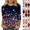 thumbnail image 1 of Frostluinai Hauts de la Saint-Valentin pour Femmes Manches 3/4 T-Shirts Amour Col Rond Cœurs T-Shirts Graphiques Décontractés Blouses Amples Cadeaux pour Femme, 1 of 6
