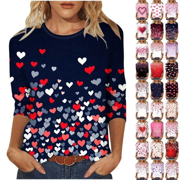 Pxxlle Womens Valentines Day Shirts Cute Love Heart Printed Shirt Plus Size 3/4 Sleeve Blouses Holiday Gifts for Women Size S