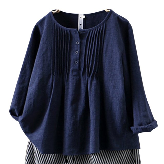 CHOK Womens Plus Size Cotton Linen Ruch Shirt Solid Loose Tunic Top Blouses