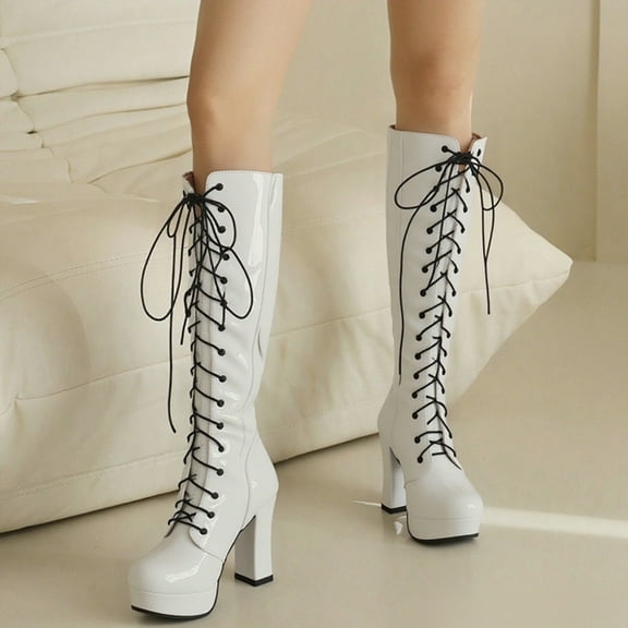 PiGOGI Waterproof Cowboy Boots for Women - Lace Up Fall Winter Fashion Comfortable Knee High Riding Boots White 43