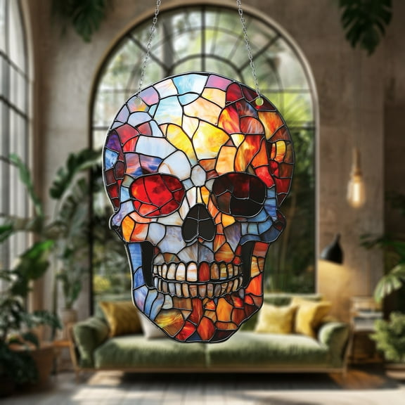 Skull Window Hanging, Stained Glass Style Car Decoration, Gothic Sun Catcher Gift for Dad or Mom, Colorful Halloween Decor, Unique Ornament, Spooky Father's Day or Mother's Day Gift