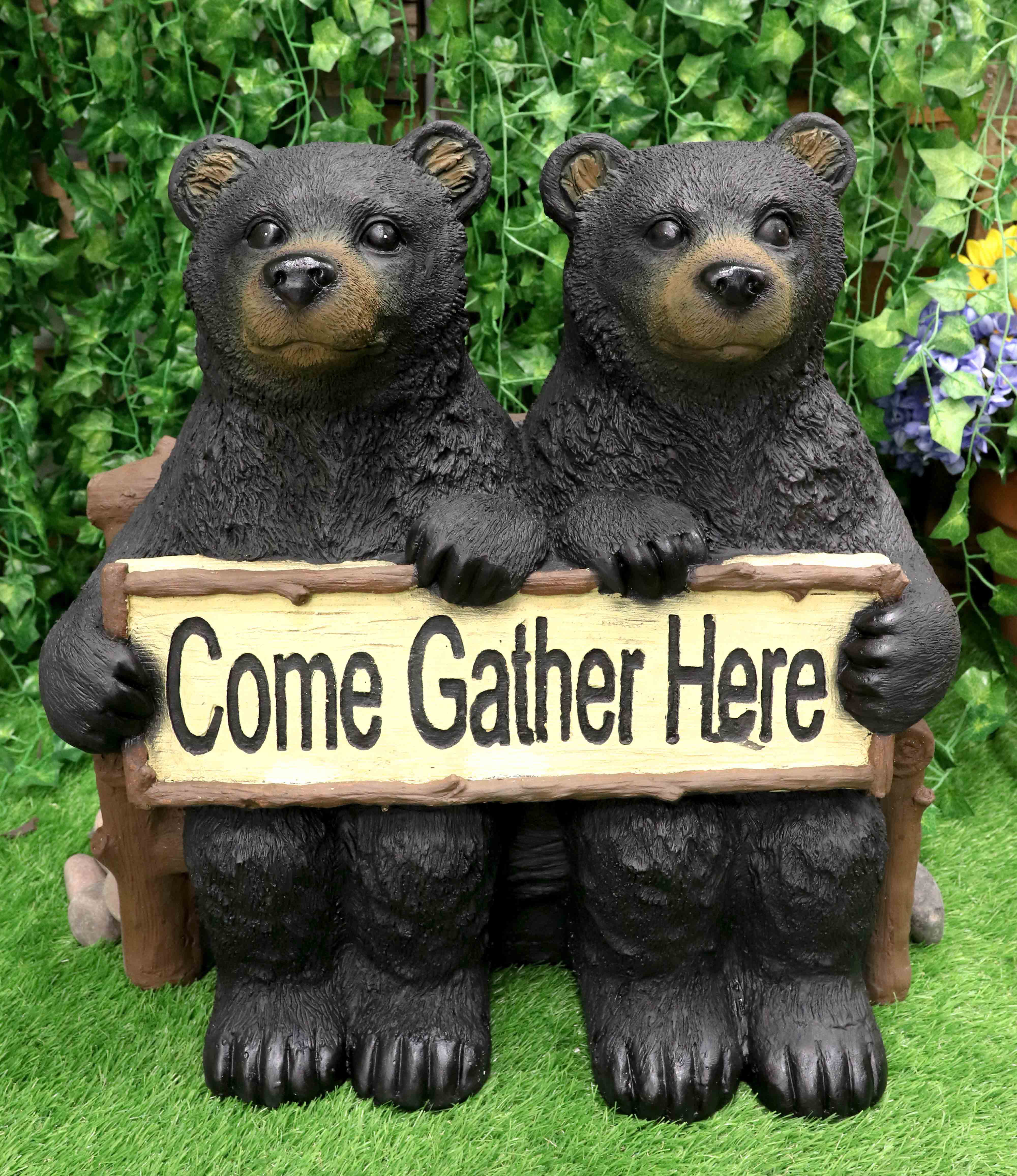 Large Rustic Forest 3 Black Brother Bear Cubs Holding Welcome Sign Statue Decor 