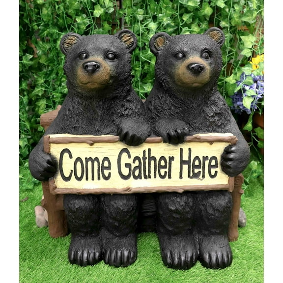 Large 21"L Rustic Forest Twin Black Bears On Park Bench Holding Sign Statue