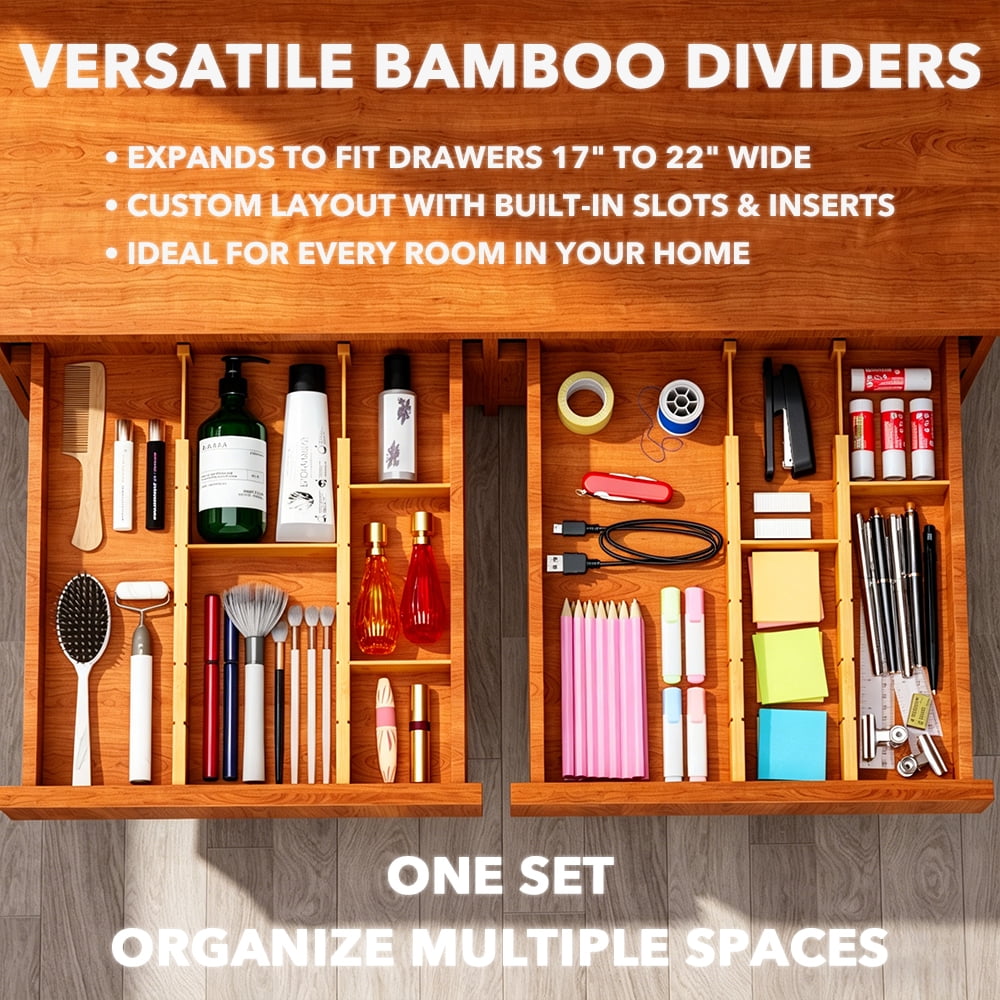 PLUMEBAY Bamboo Drawer Dividers (17–22 in Natural) with Inserts and Labels, Adjustable Expandable Drawer Organizers for Kitchen, Dresser and Office, 4 Dividers