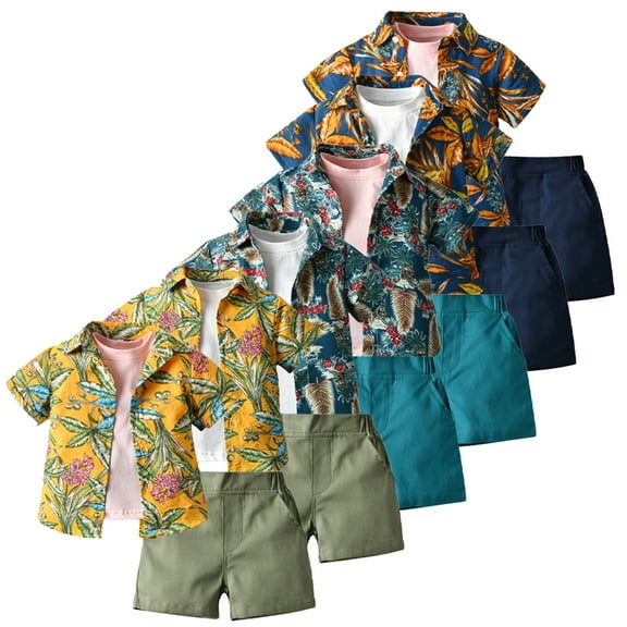 WOLLED 9M-5Y Baby Boys Hawaiian Shirt and Shorts Set for Infant Newborn 3PCS Summer Short Sleeve Button down Shirts Shorts Outfit