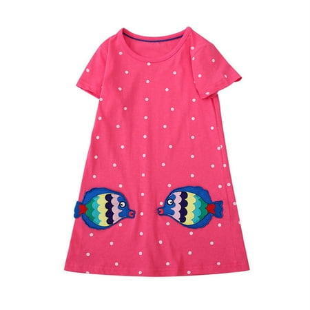 

ZRBYWB Girls Dresses Embroidered Dress Summer Crew Neck Cotton Princess Skirt Children s Skirt Kissing Fish Embroidered Print Girls Dresses Party Dress