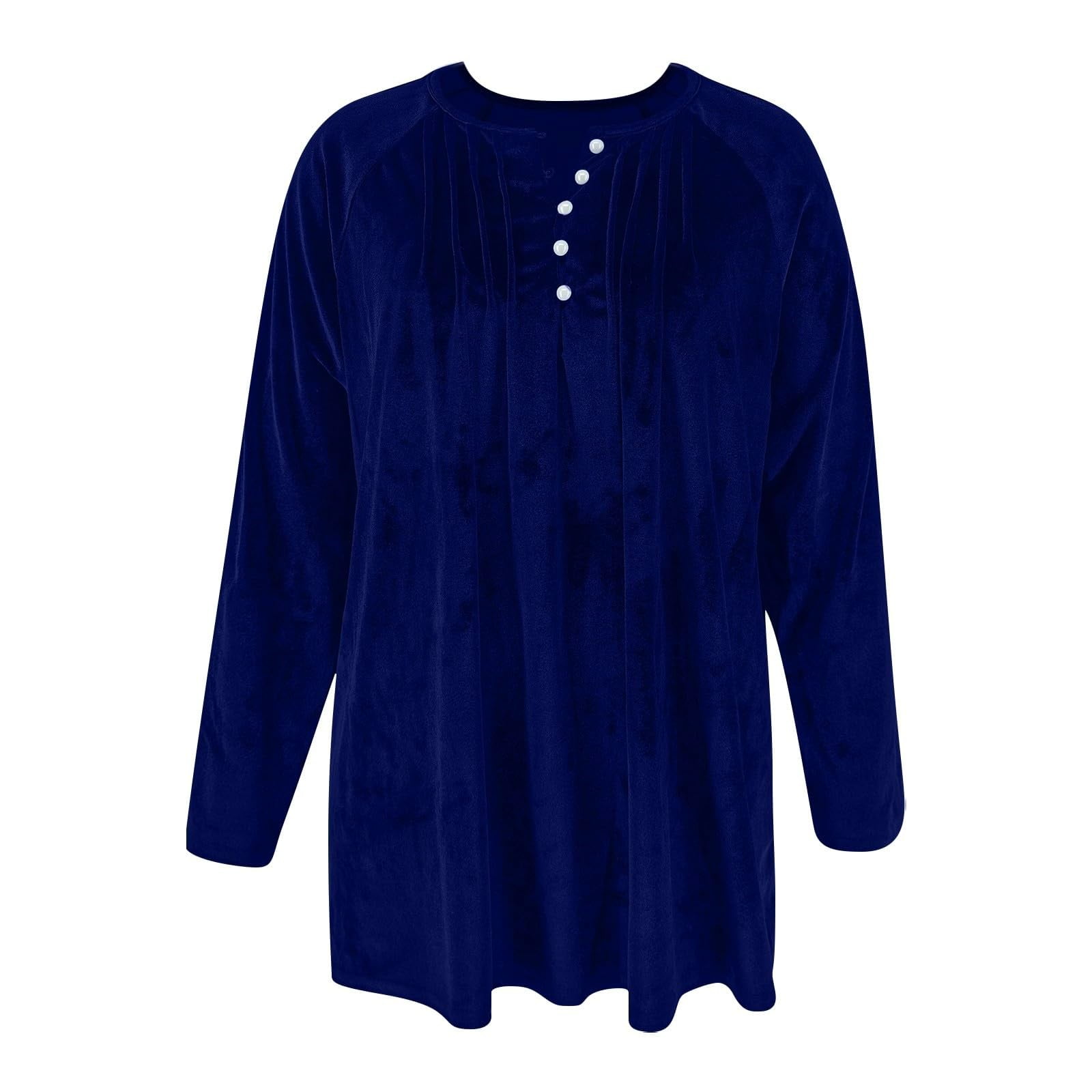ylioge Velvet-Shirts for Women Plus Size S-5X Long Sleeve Tunic Tops Womens Trendy Solid Color Pullover Button Crewneck Pleated Raglan Blouses Top