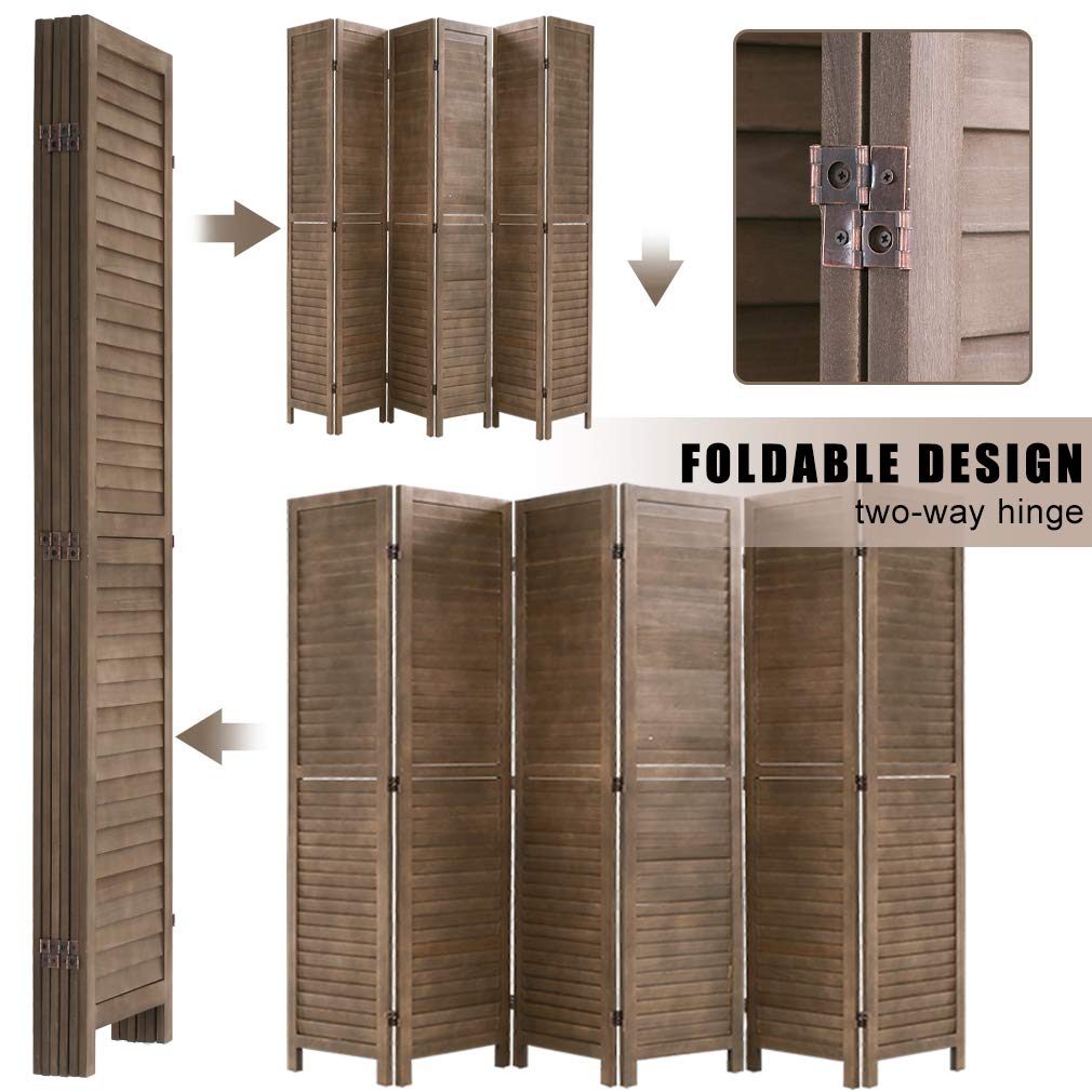 NiamVelo Wood Room Divider 6 Panel Privacy Screen Folding Freestanding Partition 5.74 FT Tall Wall Divider for Home Office, Brown