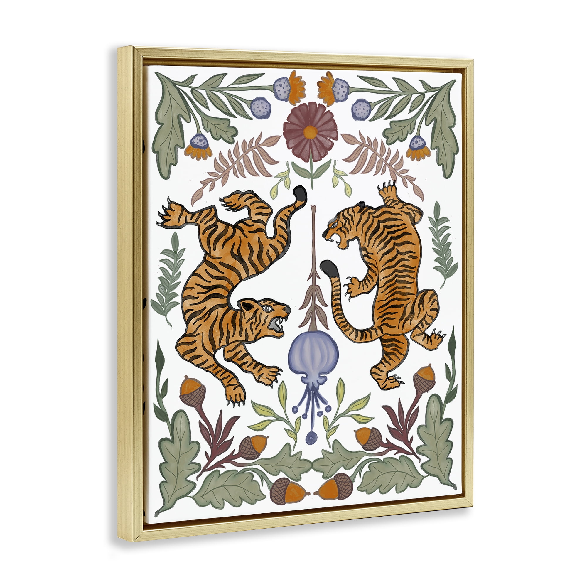 Stupell Industries Mirrored Plants with Tigers Animals Painting Gold Floater Framed Canvas Art Print Wall Art, 17 x 21