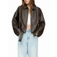 thumbnail image 3 of Women Faux Leather Jacket Lapel Collar Zip Up Long Sleeve Motor Biker Short Coat Jacket Brown XL, 3 of 9