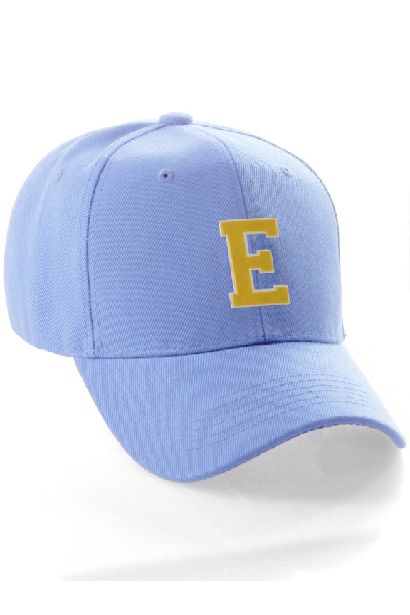 Classic Baseball Hat Custom A to Z Initial Team Letter, Sky Cap White Gold Letter E