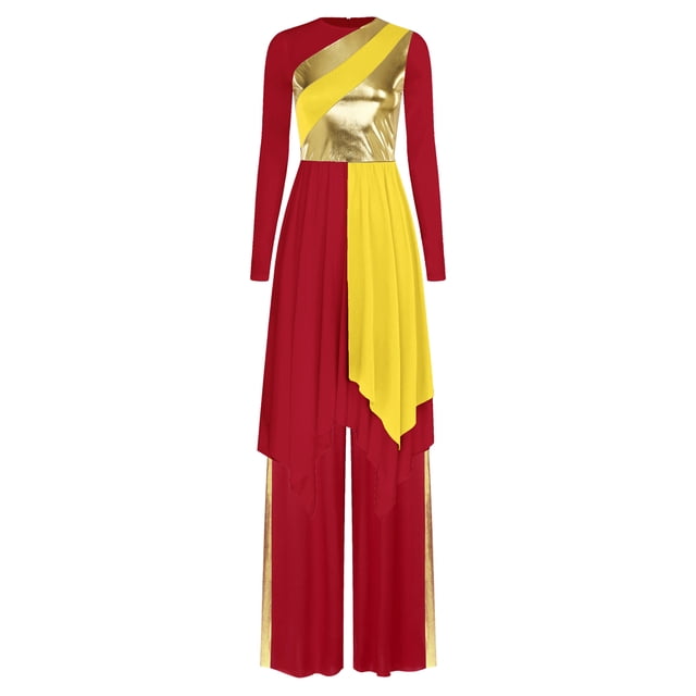 renvena Robe de Danse pour Femmes Métallique Culte Danse Superposition et Tunique Pantalon Ample Rouge m
