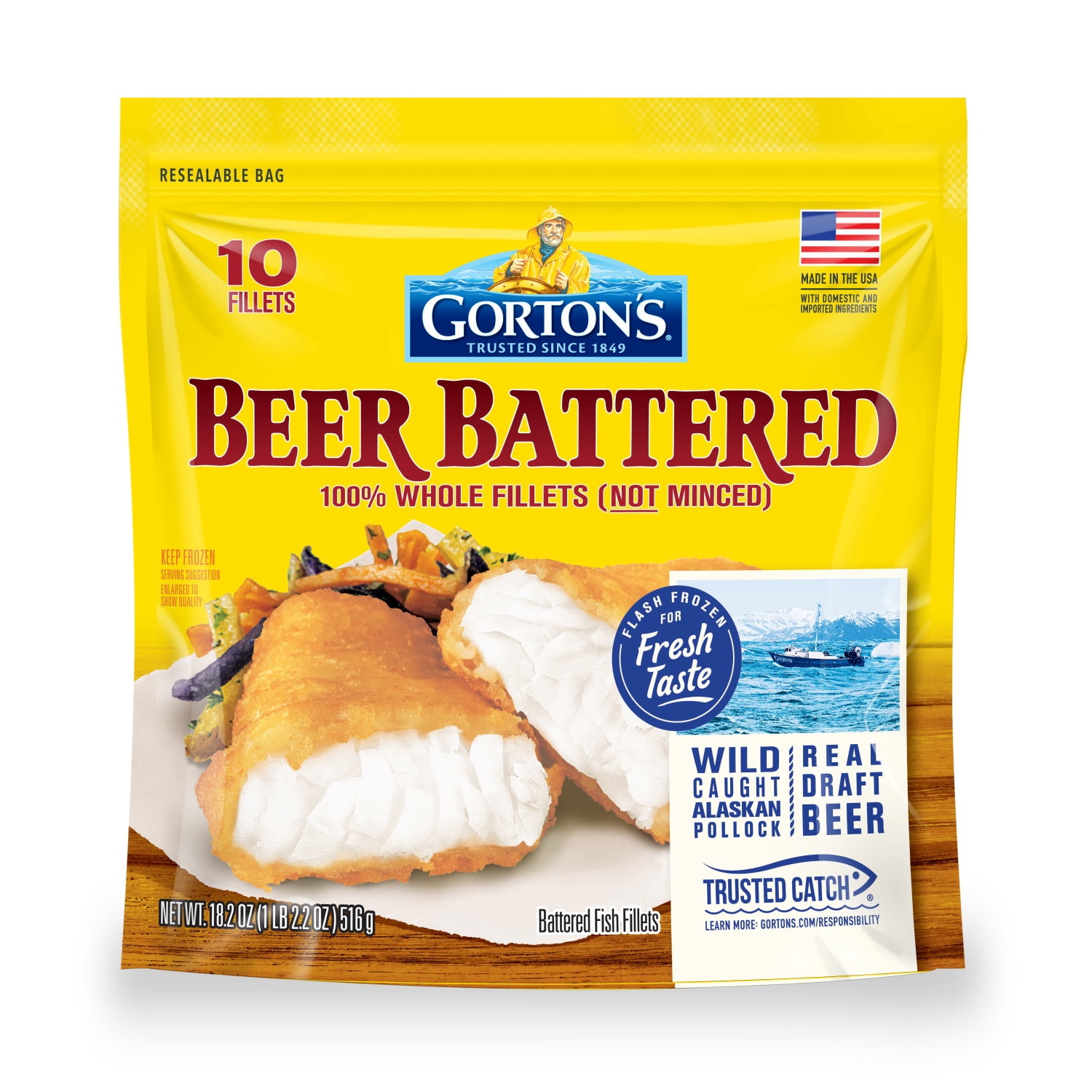 Gorton’s Beer Battered Fish Fillets, Whole Wild Caught Alaskan Pollock, 10 Count