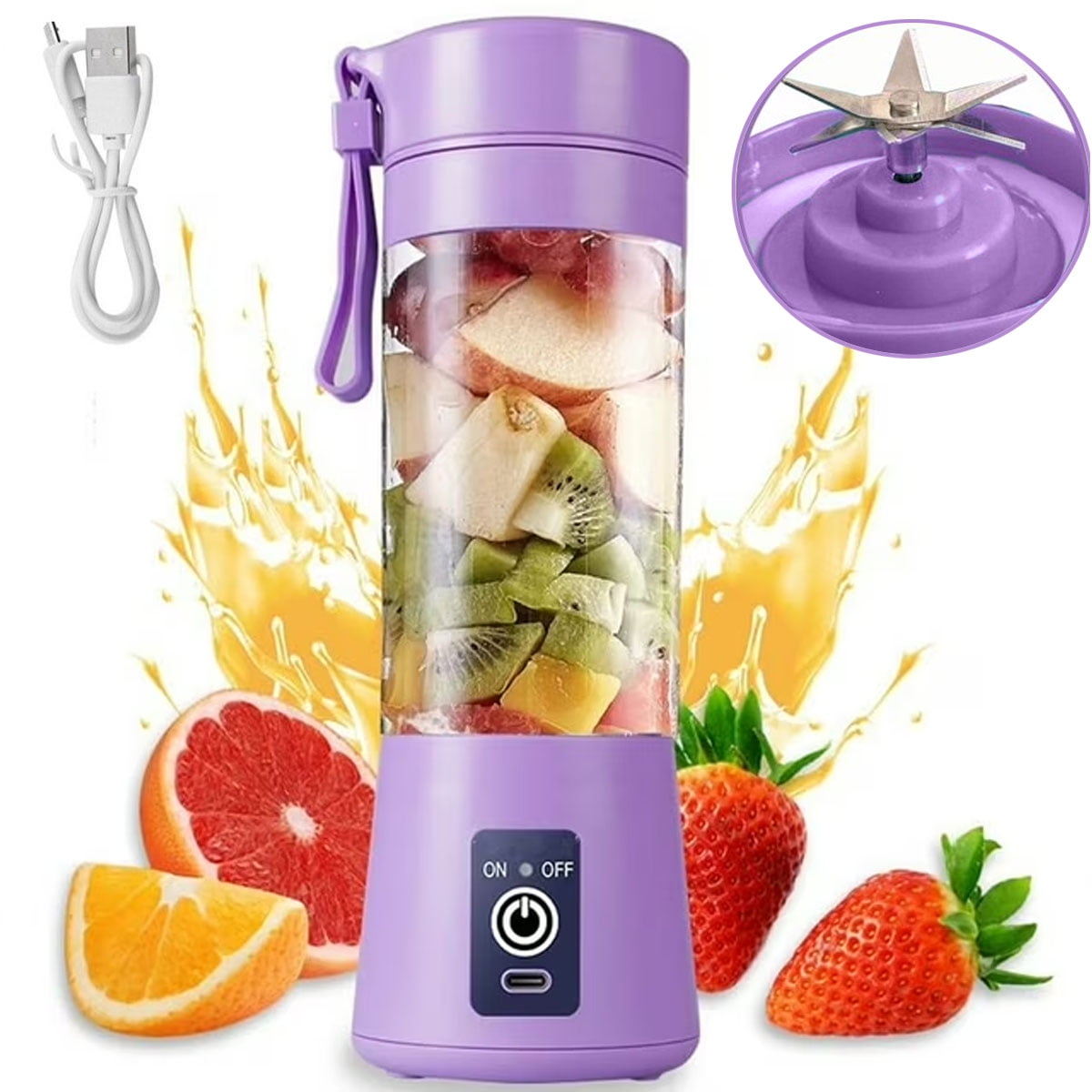 Personal Mini Blender , Portable Juicer USB Rechargeable Travel Smoothie Shake Cup, Purple, 380ml