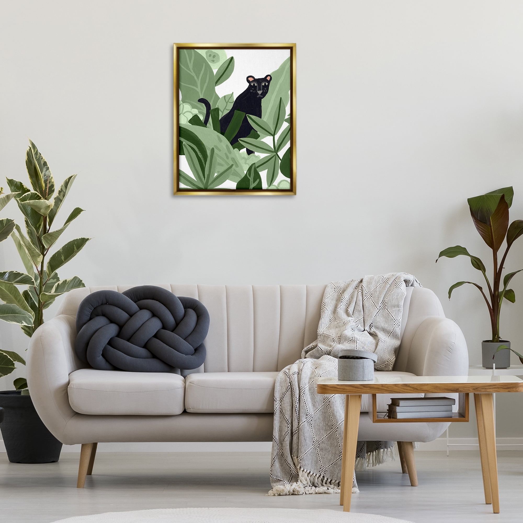 Stupell Industries Panther in Tropical Leaves Plants & Flowers Painting Gold Floater Framed Canvas Art Print Wall Art, 25 x 31