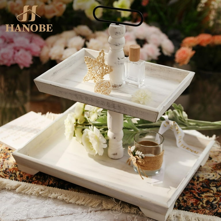 Hanobe 2-Tier Rustic Farmhouse Tray Stand, Whitewashed Wood for