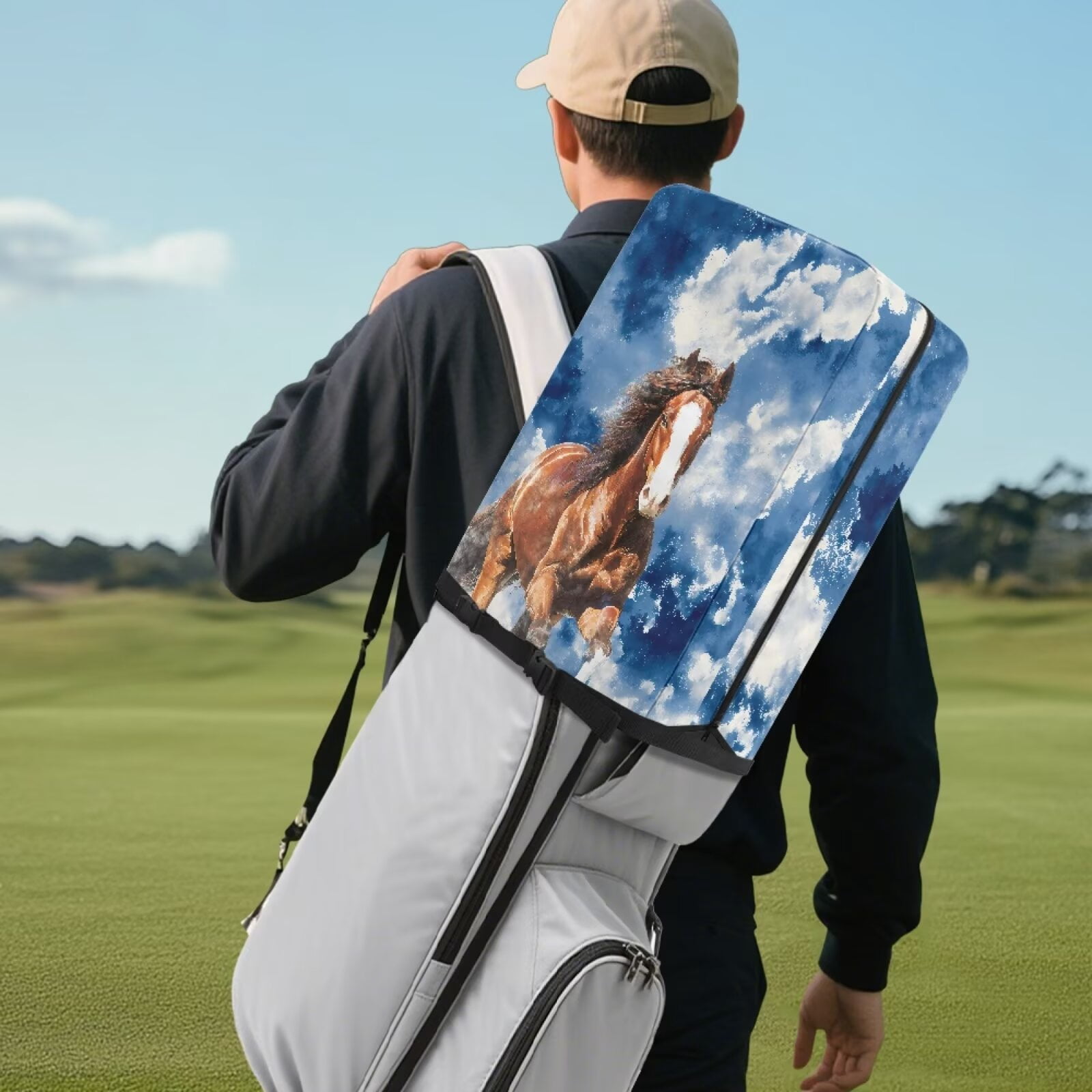 Chririnla Blue Tie-Dye Horse Golf Bag Rain Cover Decorative Protector for Stand Carry Cart Tour Bags with Snap Button Easy Access