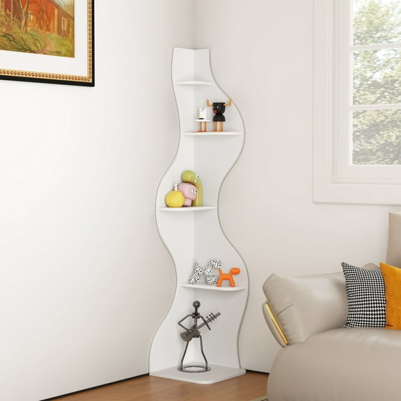 Yowos Corner Bookshelf, 5 Tier Modern Wall Shelf White Bookcase Wavy Small Storage Rack Stylish Accent for Small Space, Plant Stand