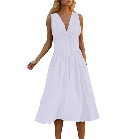 XUNKUSGA Summer Dresses for Women 2025 Deep V-neck Corset Wedding Guest Drcesses Formal Dresses with Belt Sleeveless Boho Long Tank Dress S-3XL