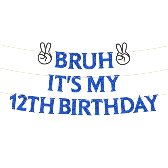 Bruh It's My 12th Birthday Banner - Boy 12 Years Old Party Decor, Teen Boy Party Sign, Funny 12th Bruh Birthday Bunting Blue Glitter