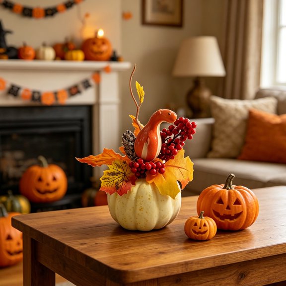 Hyknon Artificial Sunflower Pumpkin Table Decor, Foam Realistic Fake Maple Leaf Berry Fall Ornament, Real Touch Table Centerpiece, Decor Ornament for Thanksgiving Halloween Indoor Window Desktop( K )