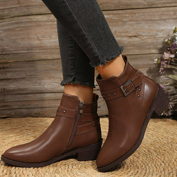 Zapatos Botines para mujer Botas laterales con cremallera y decoracion con tachuelas de hebilla para mujer botines de tacon grueso con punta en Retro botas zapatos de mujer botines Brown 9