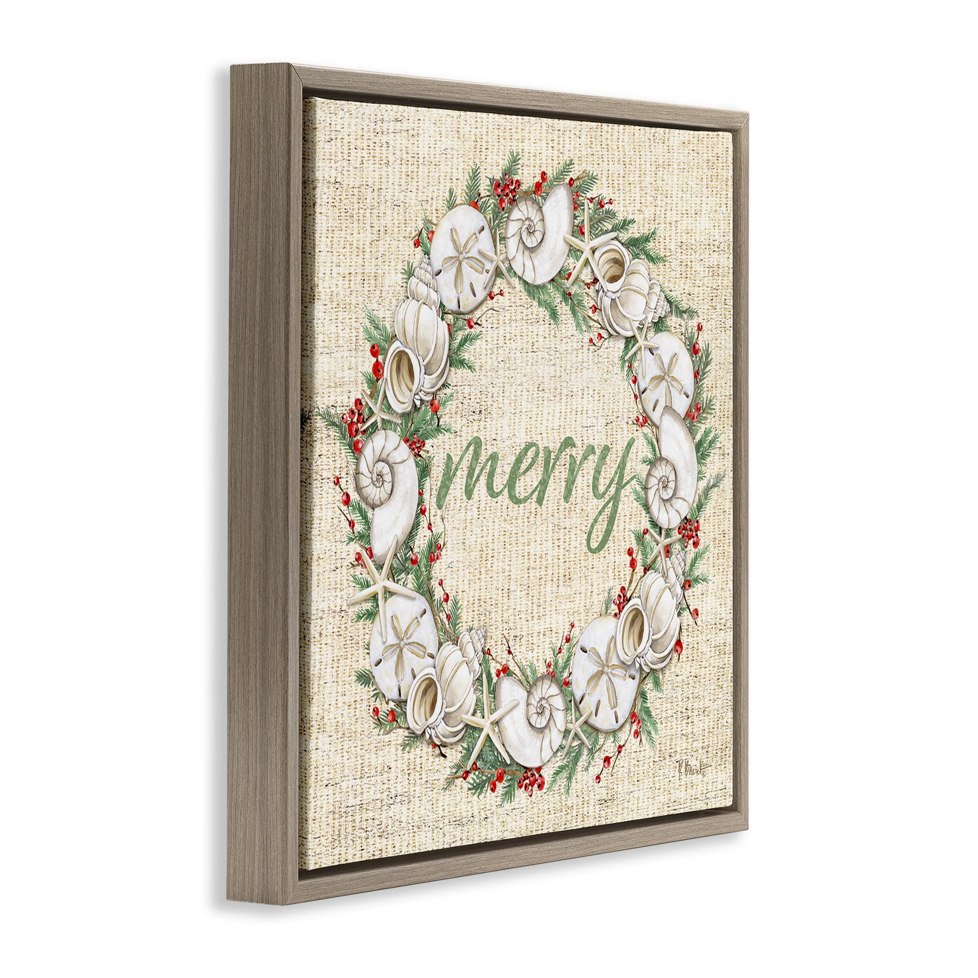 Stupell Industries Shells & Holly Merry Holiday Painting Brown Floater Framed Canvas Art Print Wall Art, 25 x 25