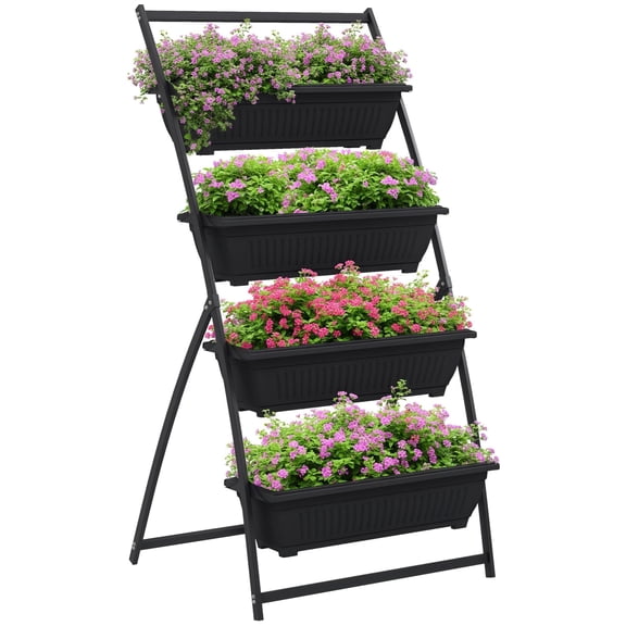 4-Tier Vertical Raised Garden Planter with 4 Self-Draining Plastic Boxes, Ergonomic Outdoor Plant Stand for Vegetables & Flowers, Space-Saving Black Garden Bed, 30x31x63.75 in