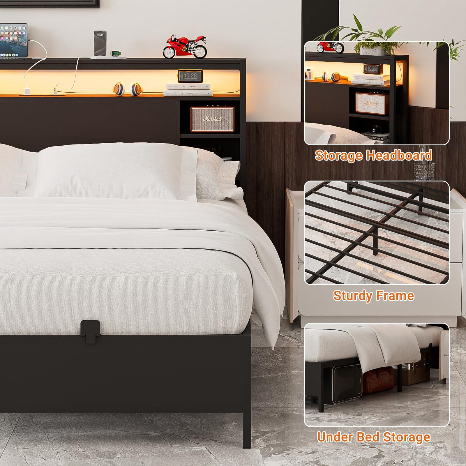 Aheaplus Full Size Bed Frame with Charging Station and RGB LED Lights, Sturdy Platform Bed with Storage Headboard, Solid Metal Slats, Noise Free, No Box Spring Needed, Easy Assembly,Black