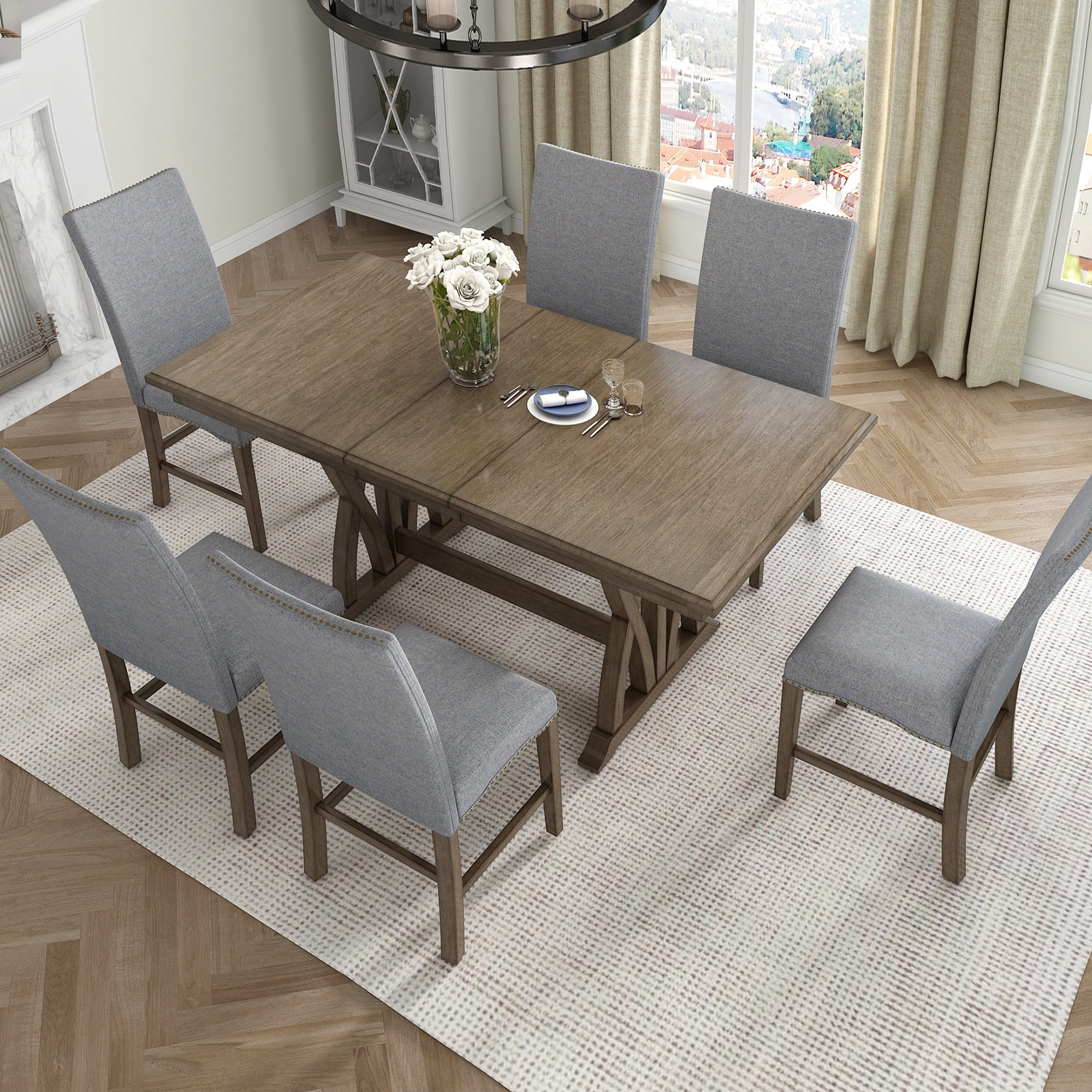 Harper & Bright Designs 7 Pieces Extendable Dining Table Set for 6, Farmhouse Kitchen Table Set with 6 Upholstered Chairs for Dining Room, Gray