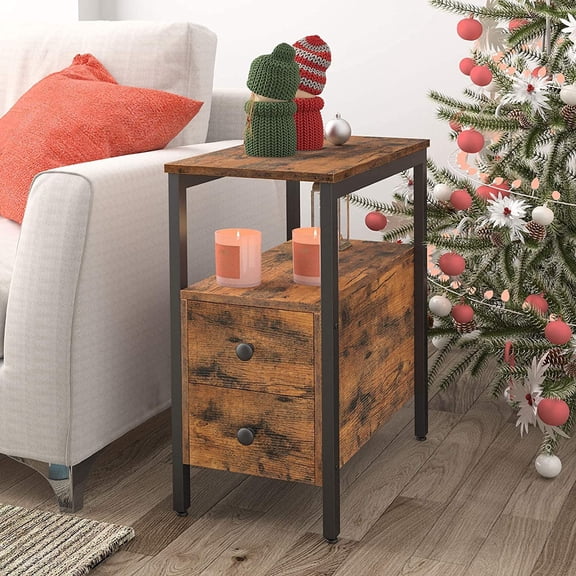 Narrow End Table with Drawer and Open Storage Shelf - Rustic Brown   Black, 11.8" L x 18.9" W x 24" H