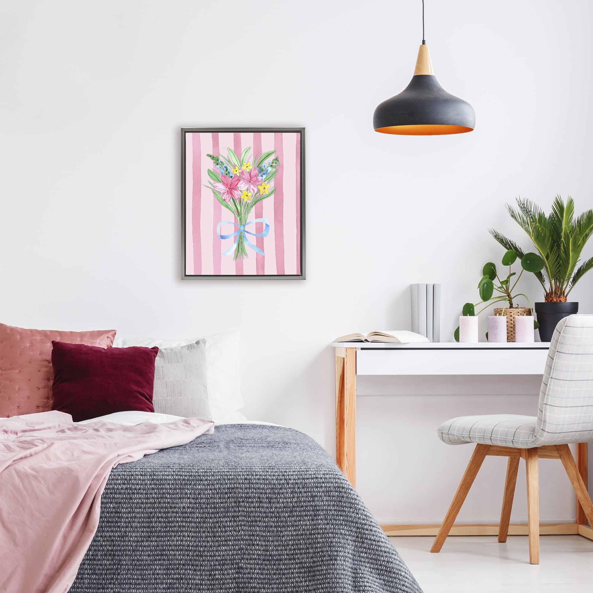 Spring Bouquet & Bow Stripes Gray Framed Floater Canvas Wall Art, design by Nina Jacobs
