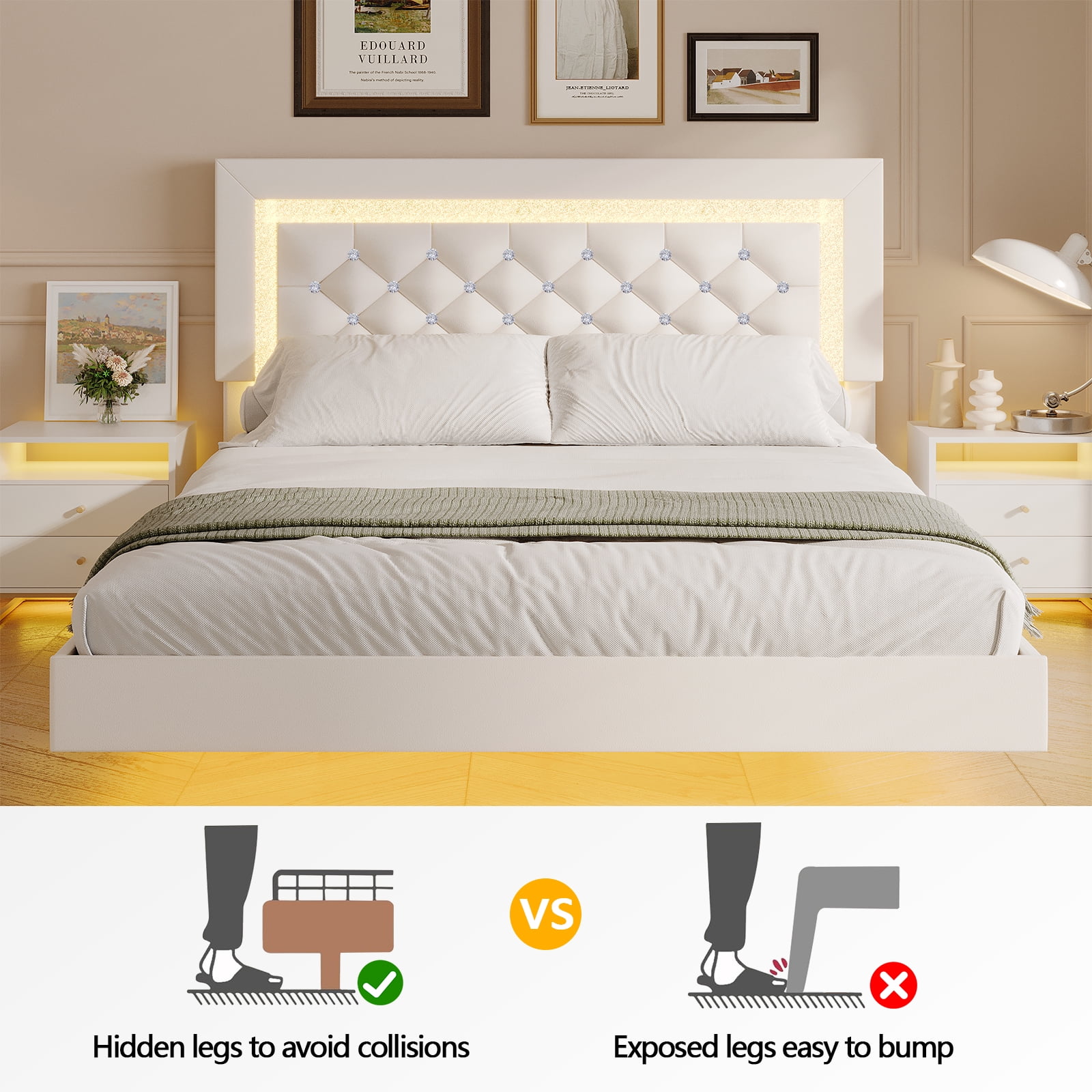 4 EVER WINNER Queen Size Floating Bed Frame with LED Lights, Upholstered Platform Bed Frame with Diamond Tufted Headboard, White Queen Size Bed Frame, White