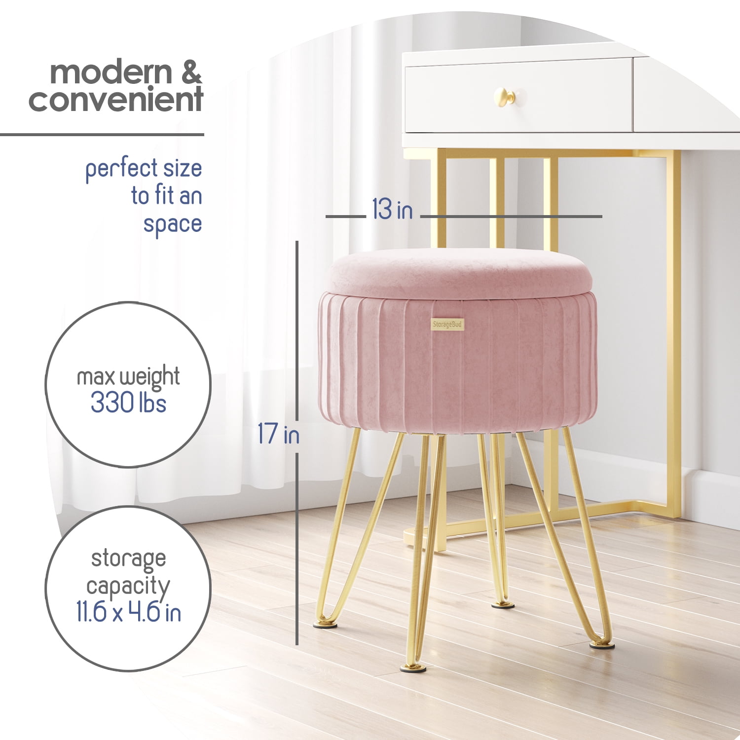 LammaLoe Small Round Ottoman with Storage, Pleated Velvet Ottoman Foot Stool with Lid, Upholstered Vanity Stool for Living Room & Bedroom, Pink