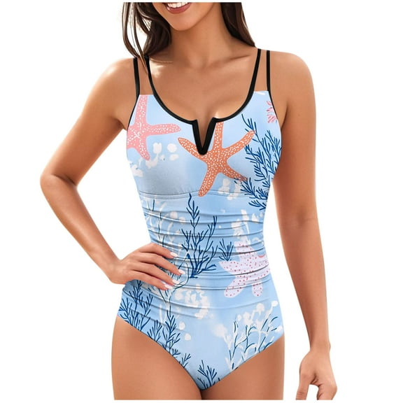 JSheng One Piece Bathing Suit for Women Fashion Women Summer Floral Printed With Chest Cushion And No Steel Support Sexy Backless Strap Bikini Swimsuit Light Blue L
