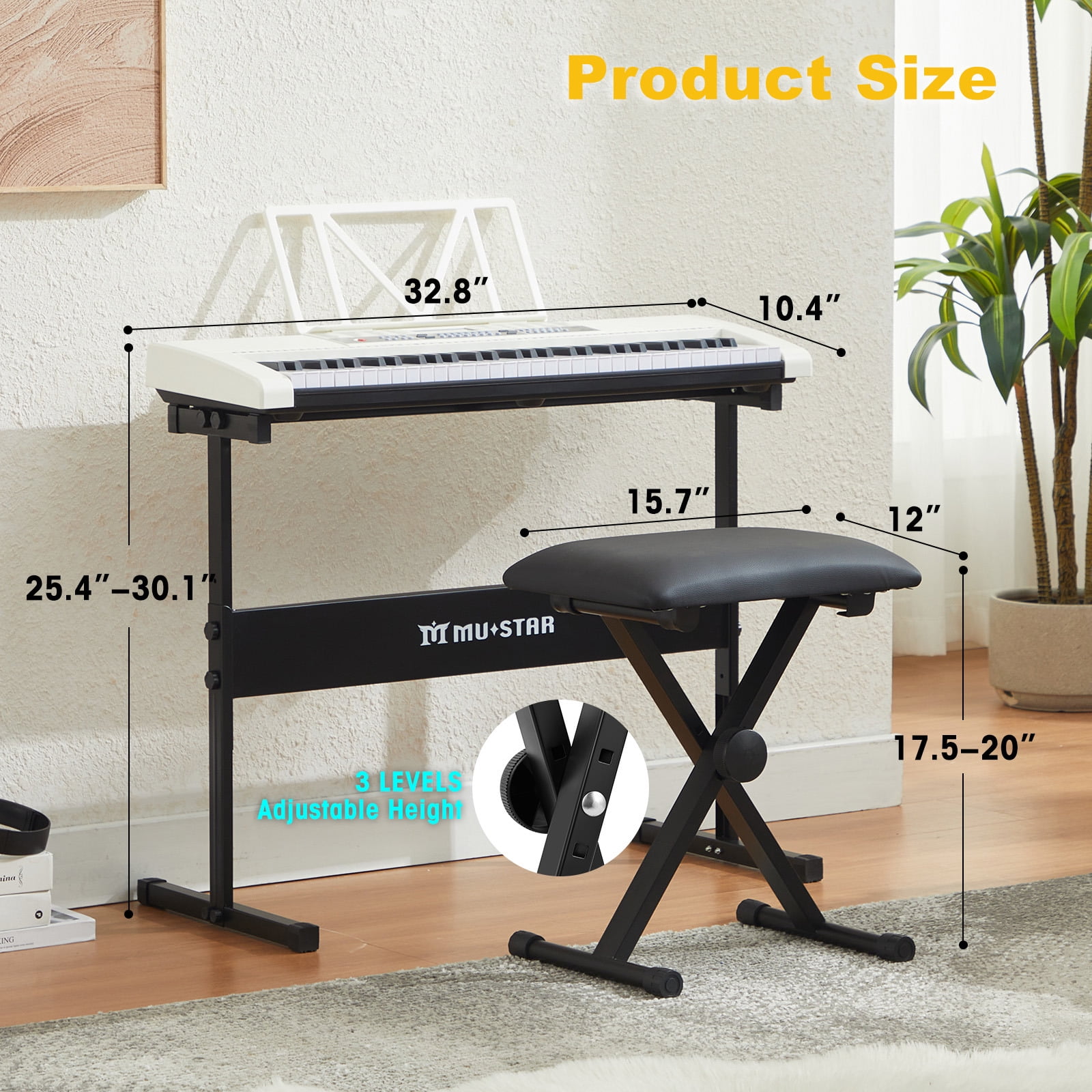Mustar 61 Key Electric Lighted Keyboard Piano with 255 Tones/Rhythms, Smart Learning System, Headphone, Microphone, Keyboard Stand, Stool, Stickers (White)