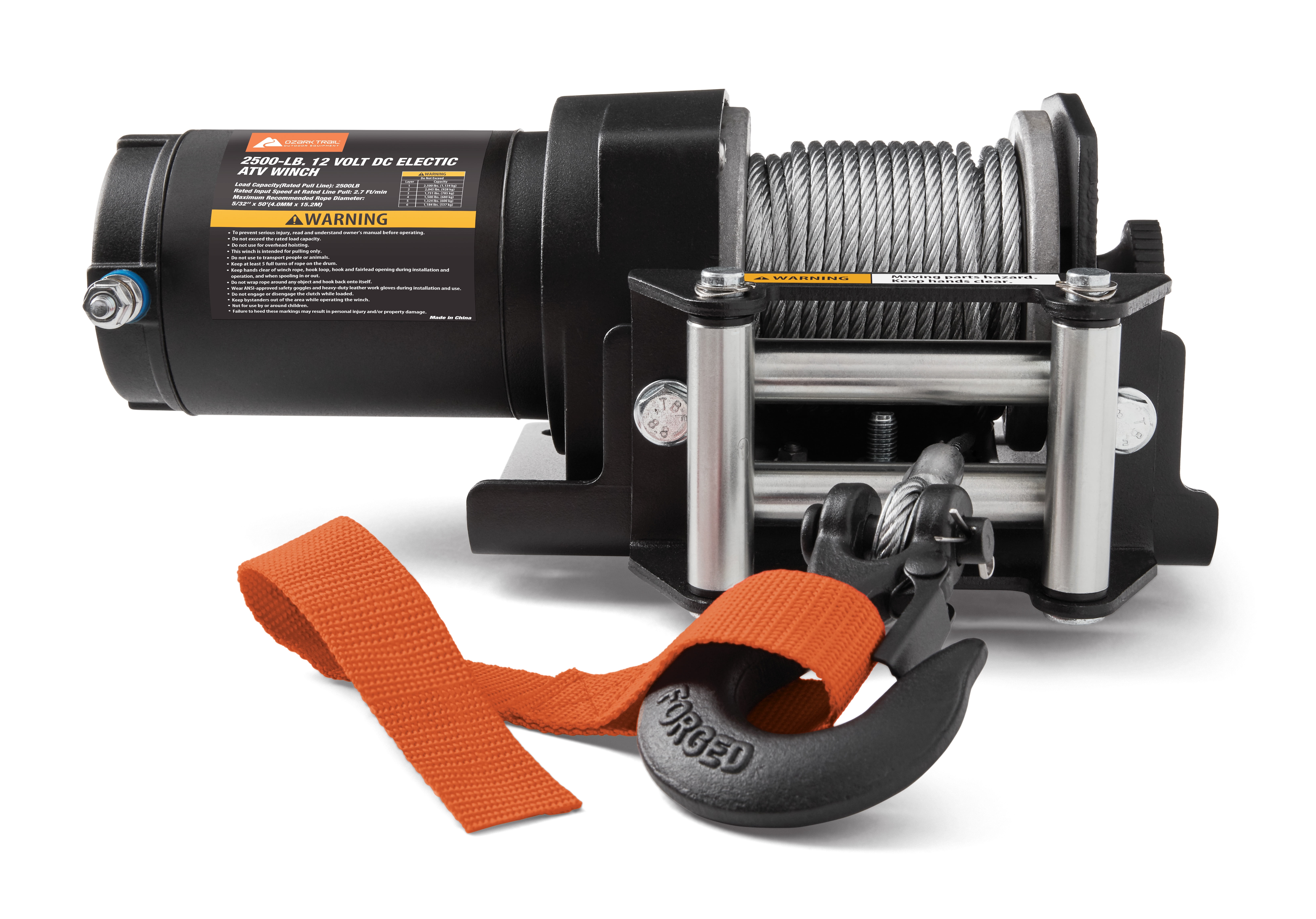 Ozark Trail 2500 lb 12V DC Electric ATV Winch with 50ft. Steel Rope Mounting Bracket, Black