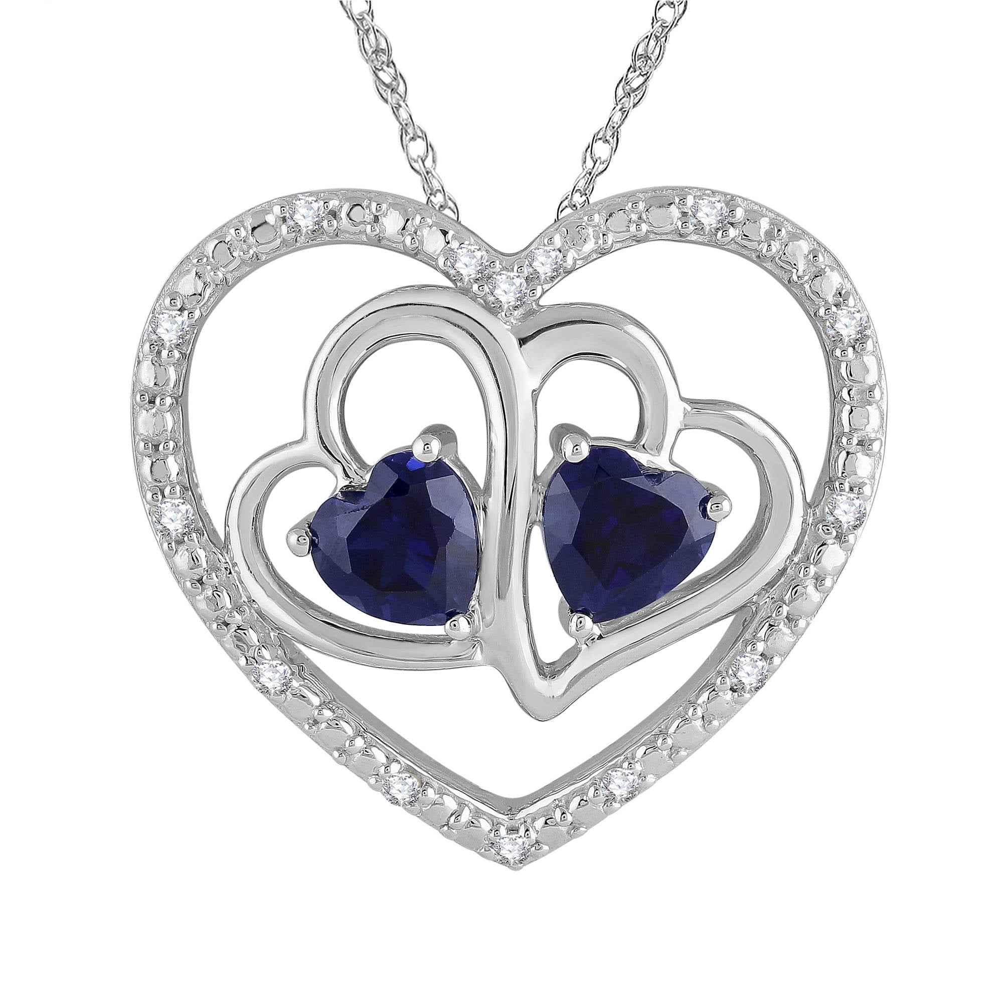 Heart 2 Heart Created Blue Sapphire and 1 10 Carat T.W. Diamond Sterling Silver Pendant with Chain by TARA JEWELS LTD