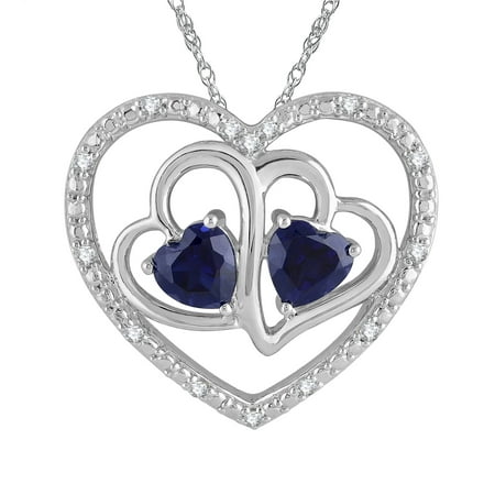 Heart 2 Heart Created Blue Sapphire and 1/10 Carat T.W. Diamond Sterling Silver Pendant with Chain