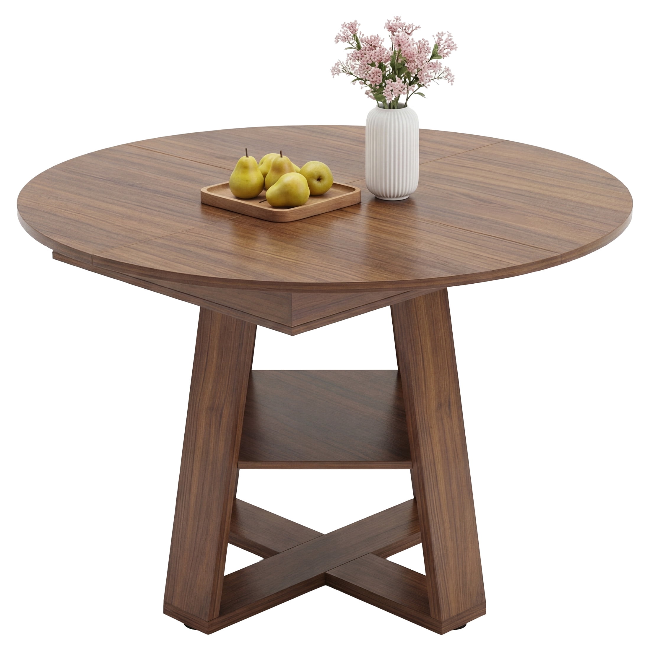 EDX 43.3″–59″ Extendable Round Dining Table for 4-8, Modern Oval Dining Table with Removable Leaves, Wooden Kitchen Table with Storage Shelf Base, Space Saving for Kitchen Living Room, Walnut