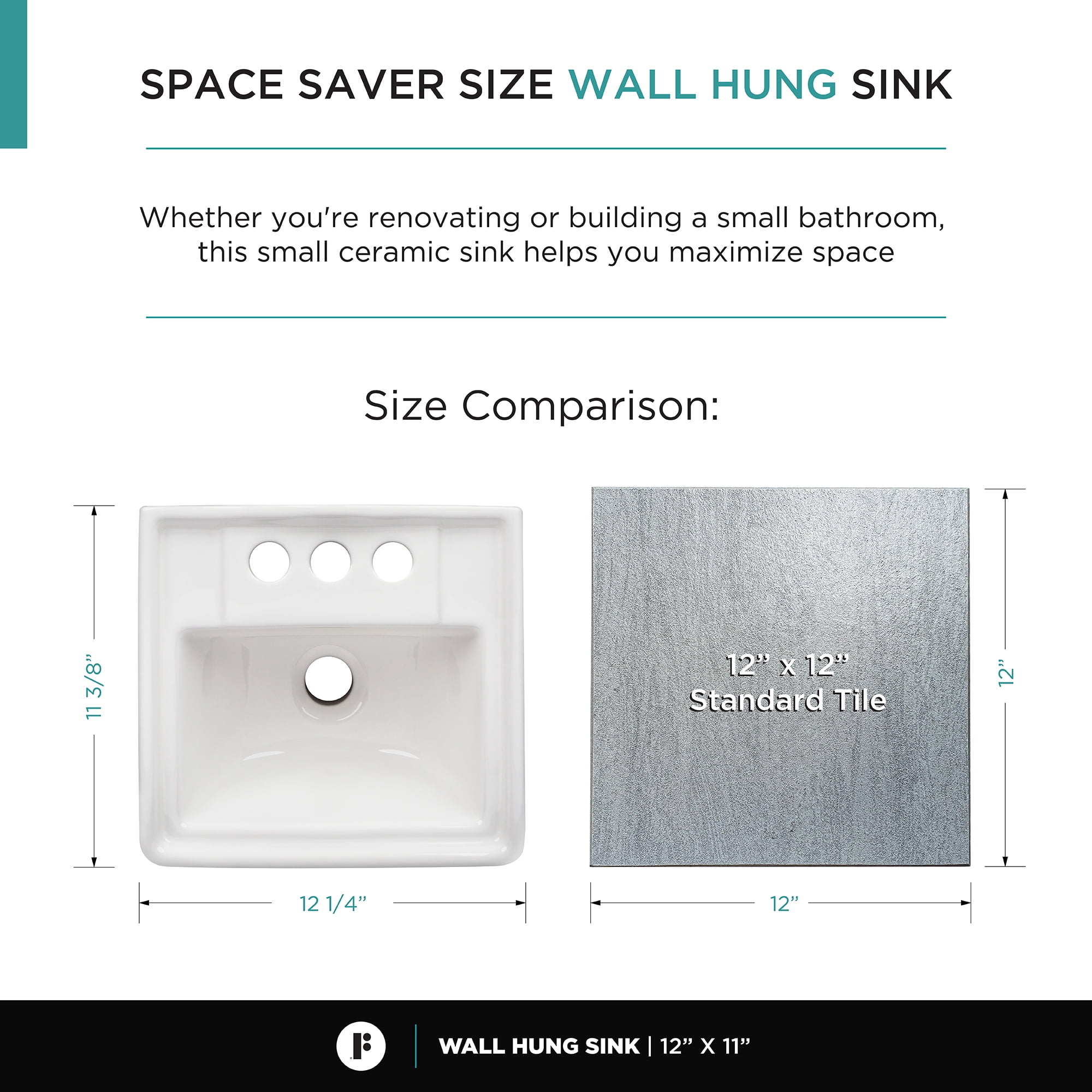 Porcelain Ceramic Bathroom Sink - Wall Mount Sink with Faucet Hole and Overflow - 12" x 11" Small and Sleek Sink for Bathroom (White)