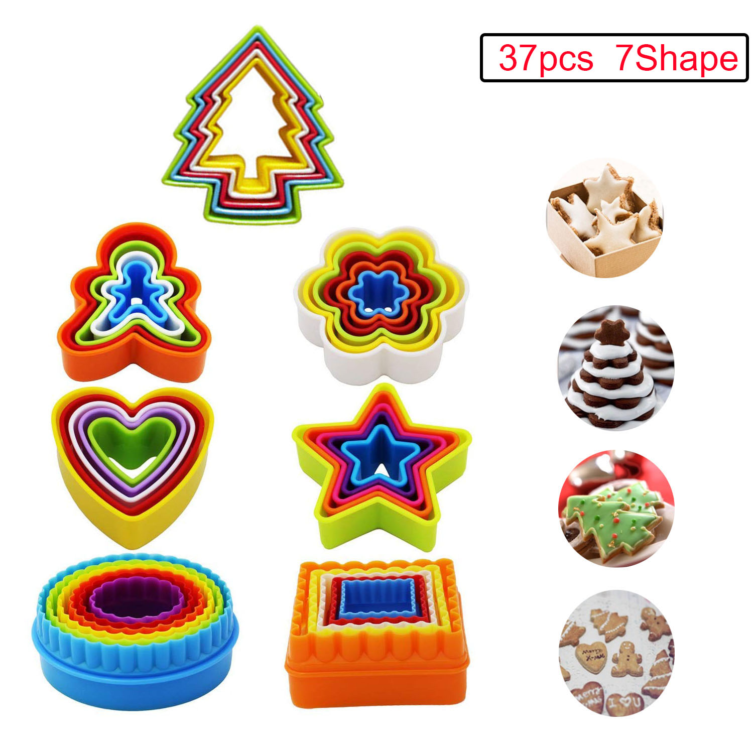 Cookie Cutters Set (37 Piece) - Favorite Holiday Shapes including Gingerbread Man, Star, Round 