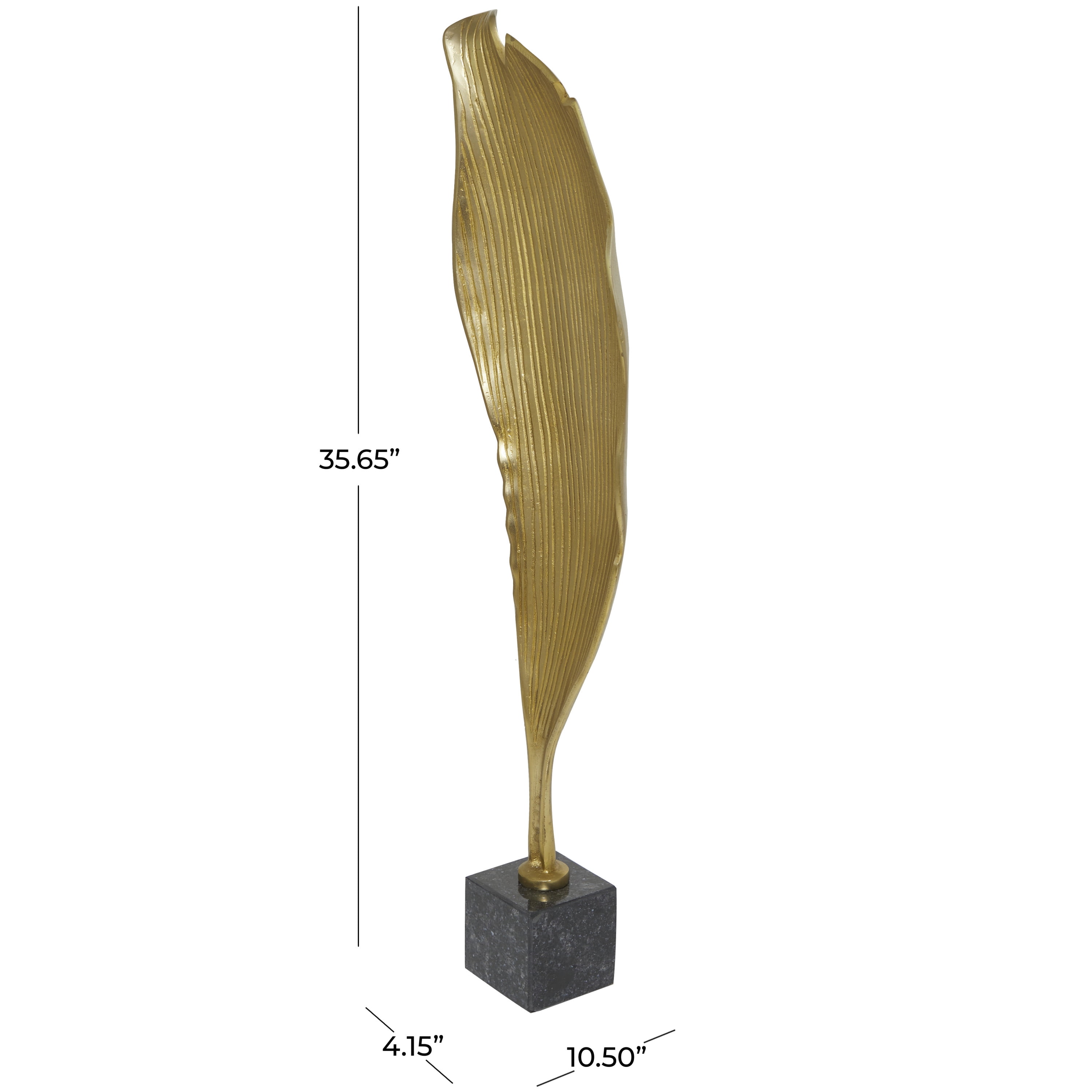 11" x 36" Gold Aluminum Textured Leaf Abstract Sculpture with Black Marble Base, by DecMode